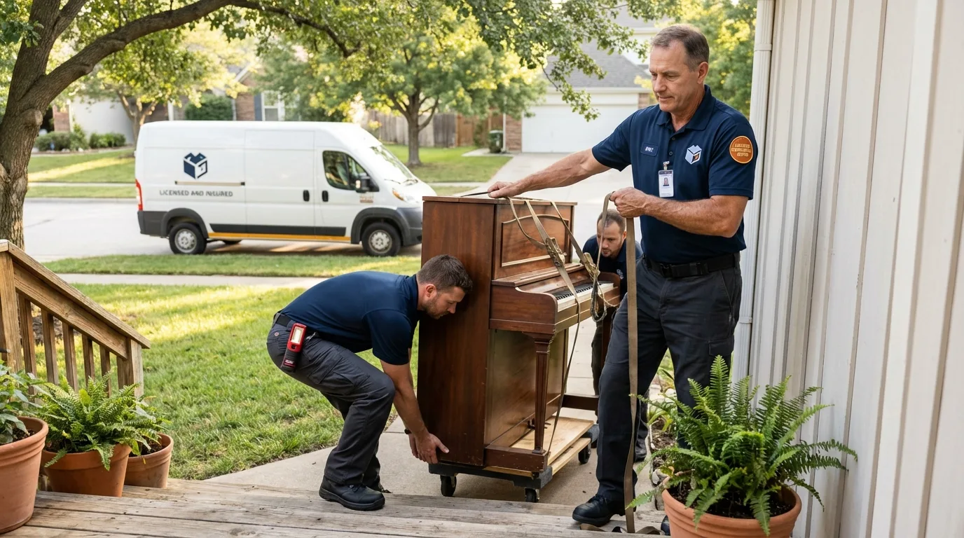 Licensed piano movers securing grand piano in Hollywood, FL